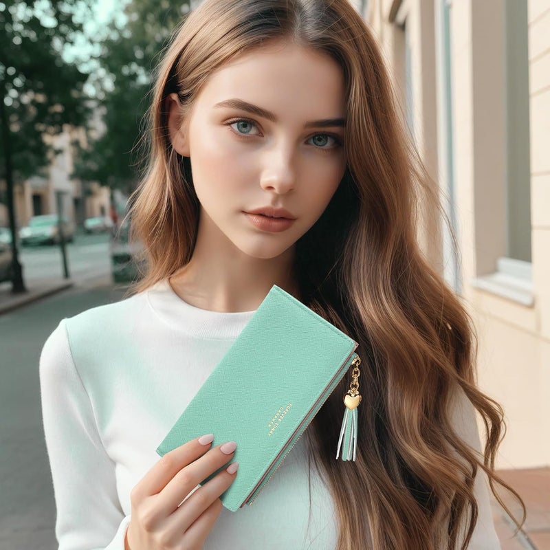 KOTORA Womens Slim Wallet Girls Thin Wallets Pretty Mini Long Card Holder Small Tiny Clutch Zip Purse Love Pendant Tassels Billfold (Green) - Image 5